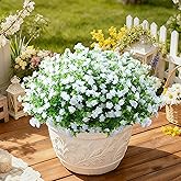 SITUMEIZI 8 Bundles White Artificial Flowers Outdoor Fake Flower Plastic UV Resistant Shrubs Greenery Plants Hanging Decorations Garden Porch Window Box Farmhouse Outside Summer Indoor Decor