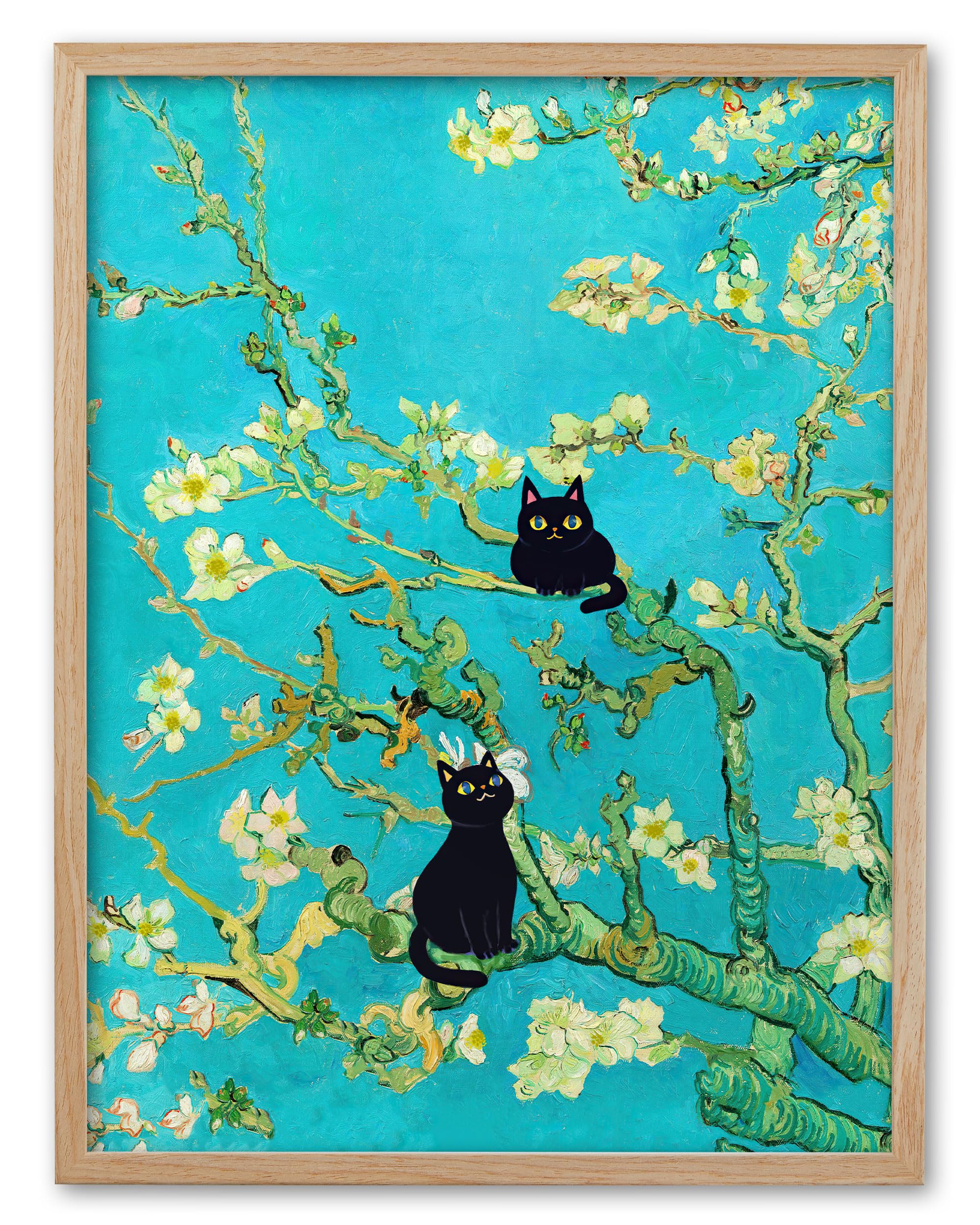 UPWOIGH Beige Oak Wood Framed Canvas Wall Art, 30x40cm Vincent Van Gogh Almond Blossoms Cat Print, 2 Black Cats in the Trees Funny Picture for Kids Room and Bathroom Decor, 1Pack
