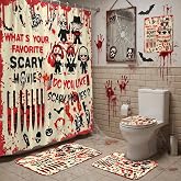 Apear1 4Pcs Halloween Shower Curtain Set Gothic Scary Shower Curtain for Halloween Bathroom Decor with Anti-Slip Bath Mat Bathroom Rugs Toilet Lid Cover (Halloween)