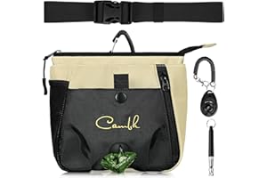 cambk Dog Treat Pouch Training Kit with Clicker for Dog Trainer, Puppy Treat Bag with Poop Bag Dispenser and Clip for Belt, Dog Walking Pouches with Clickers and Silent Whistle (Khaki Brown)