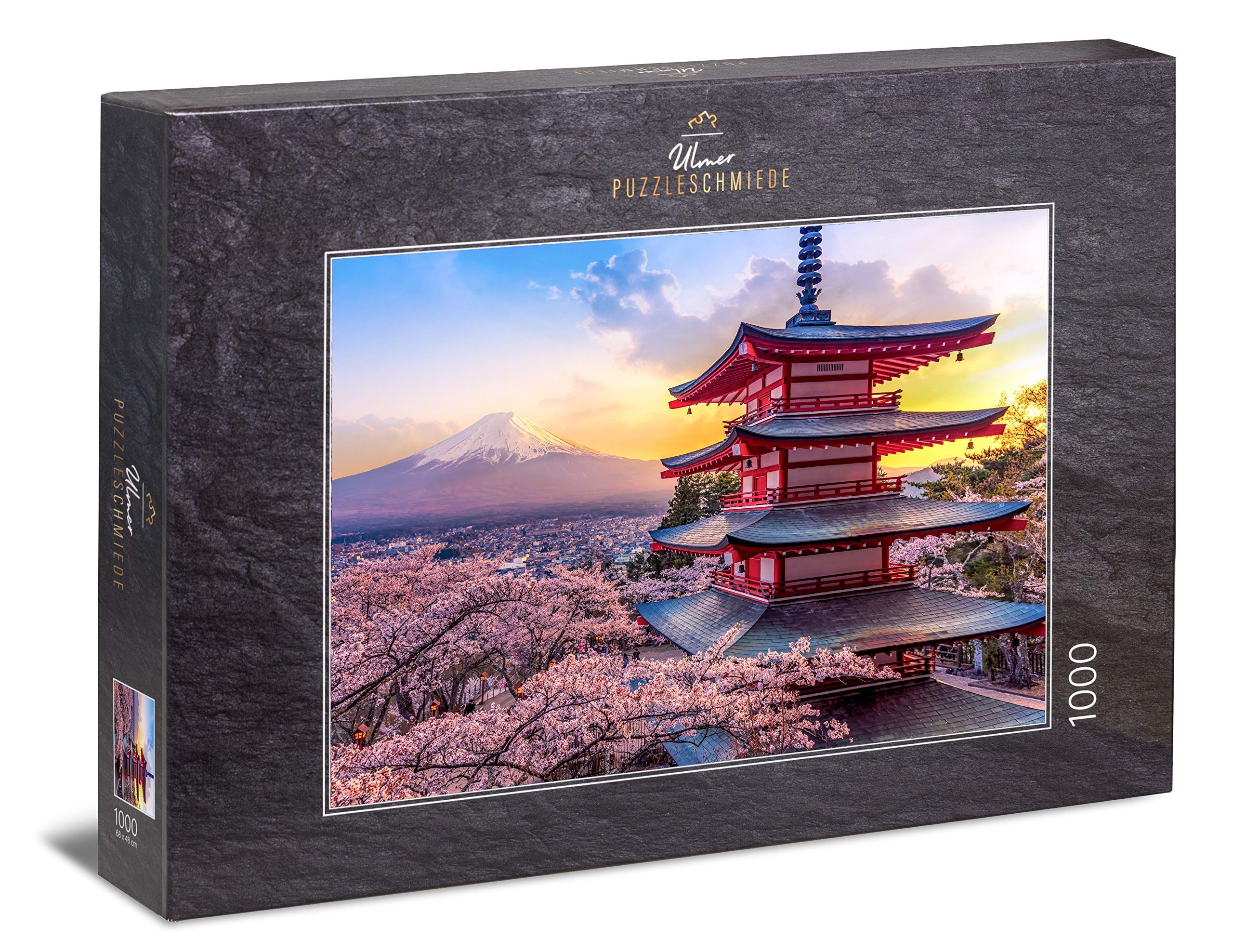 Ulmer Puzzleschmiede - Puzzle "Fujijijama" - 1000 pieces jigsaw puzzle - Chureito Pagoda near Fujiyoshida with view over cherry blossoms on Mount Fuji