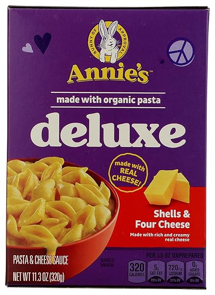ANNIE’S DELUXE MACARONI AND CHEESE WITH ORGANIC PASTA, SHELLS AND FOUR CHEESE, 11.3 OZ