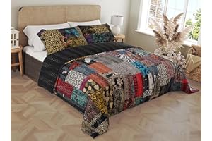 Marubhumi Quilts Indian Handmade, Reversible, Indian Silk Sari Patchwork, Vintage Kantha Quilt, Comforter with Pillow Cover, Printed, Black - Queen (90 x 108 Inches)