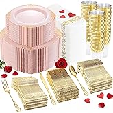 YOUBET 700PCS Pink Plastic Plates - Pink and Gold Plates - Luxury Pinks Dinnerware Set Include 200 Disposable Plates, 300 Heavy Duty Silverware, 100 Cups, 100 Napkins for Wedding Party Valentines Day