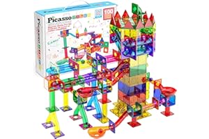 PicassoTiles 100pc Magnetic Marble Run Set with Racing Track Tiles Funnels Curved Slopes and Steel Balls for Kids STEM Construction Indoor Learning Toy That Promotes Focus and Problem Solving PTG100