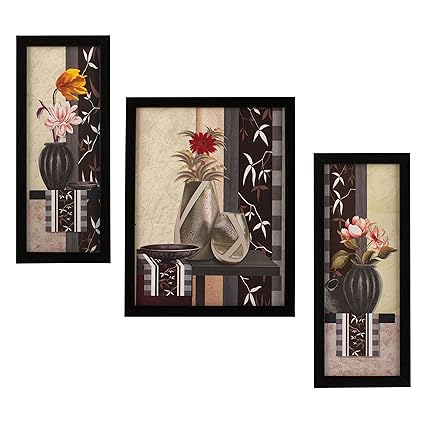 Indianara 3 Pc Set of Floral Paintings Without Glass 5.2 X 12.5, 9.5 X 12.5, 5.2 X 12.5 Inch