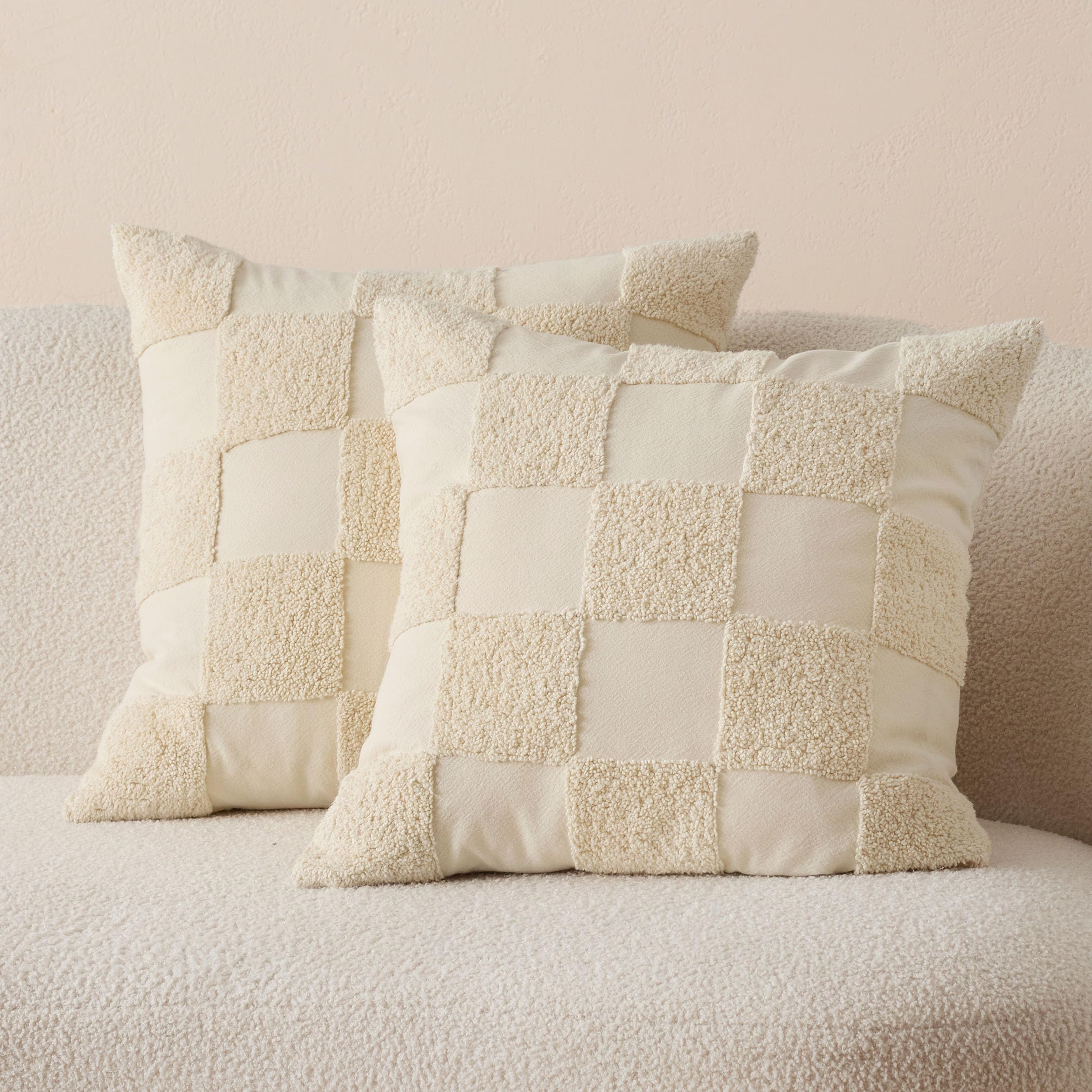 Photo 1 of Double Stitch Checkered Throw Pillow Covers - 100% Cotton Set of 2 Tufted Boho Decorative Pillow Covers 20x20, Made in India, Square Cushion Case, Modern Home Decor for Couch, Sofa, Living Room, Beige