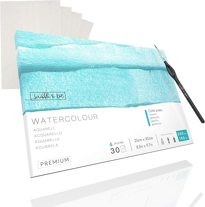 A4 Watercolour Pad Cold Pressed 30 Sheets, 300g/m2 Watercolour Paper, White Artist's Pad for