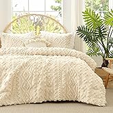 Amélie Home Boho Comforter Set Queen Size, 3 Piece Beige Boho Bedding Set, Rustic Farmhouse Luxury Gift for Women Home Decor, Soft Cozy Diamond Comforter for All Seasons