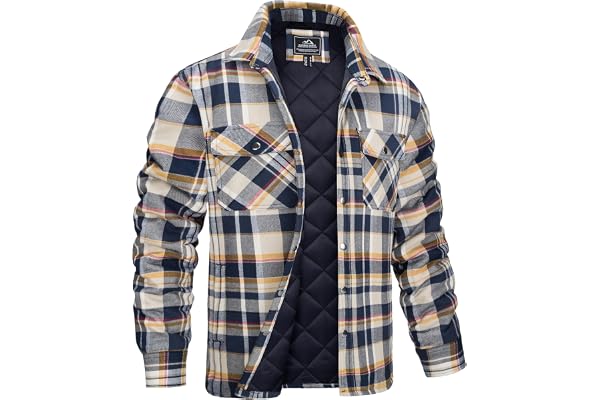 MAGCOMSEN Mens Winter Jackets Quilted Flannel Plaid Shirt Cotton Button Up Long Sleeve Casual Jacket with 5 Pockets
