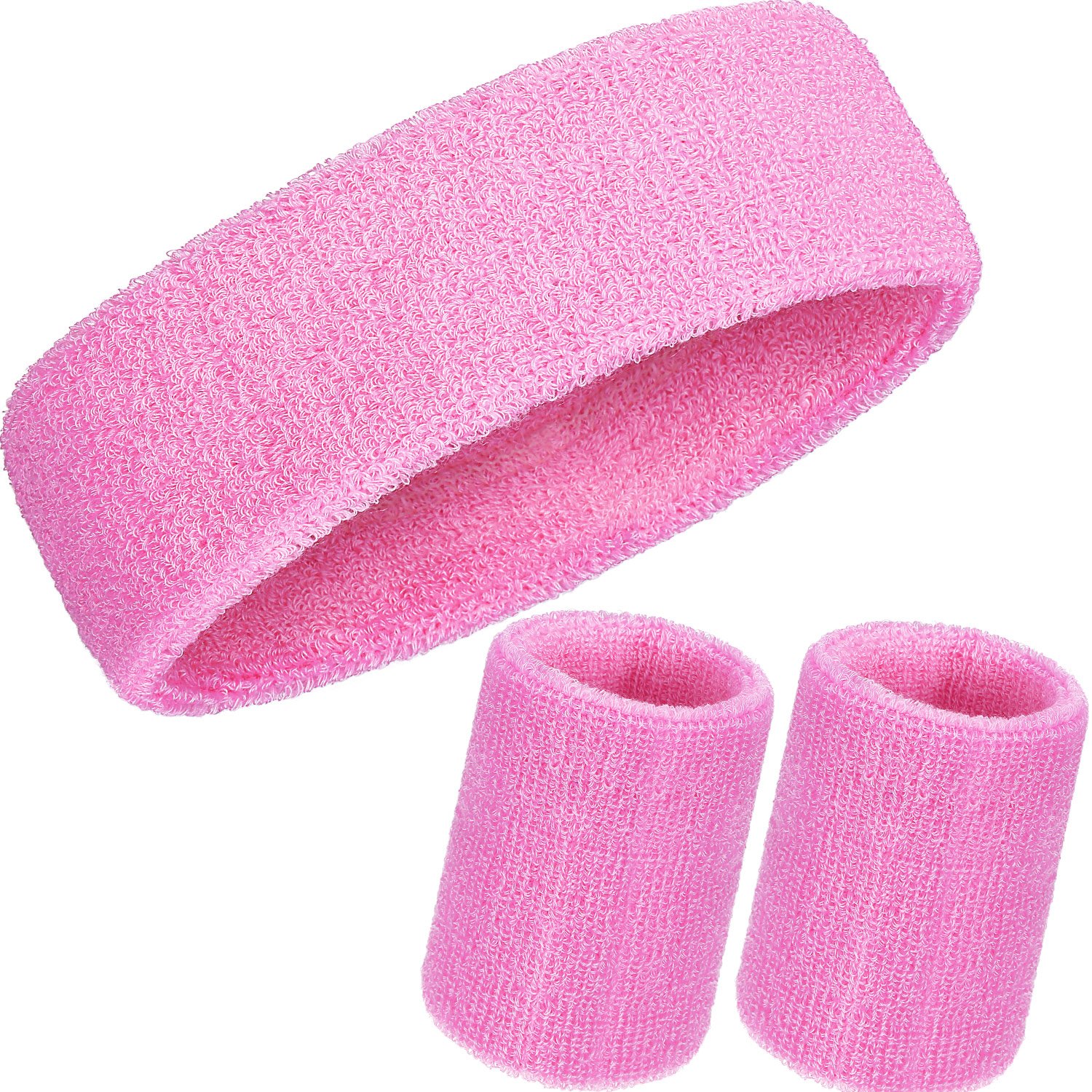 WILLBOND Set of 3 Sweat Bands, Includes Sports Headband and Striped Cotton Wristbands for Athletic Men and Women (Pink)