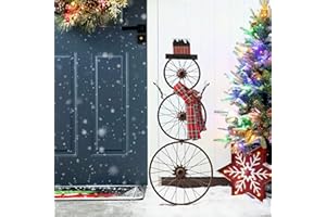 Glitzhome 33.98" H Metal Bike Wheel Snowman with Plaid Scarf Hat Porch Decor Metal Bicycle Garden Yard Decor Christmas Indoor Outdoor Decorations