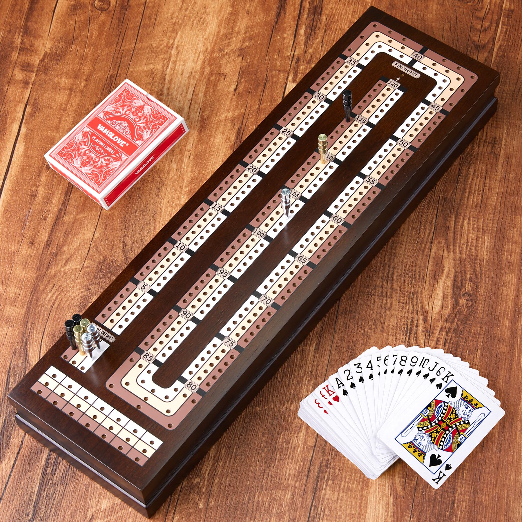 VAMSLOVE Wooden Cribbage Board Game Magnetic 3-Track Scoreboard with Large Slots for Storing 2 Playing Cards and 9 Metal Pegs, Travel Family Game Night (Instruction Included