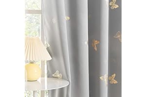 Jubilantex Butterfly Grey Blackout Curtain Panels 84 Inch Long 2 Panels for Nursery Kids Room, Floral Gold Foil Print Drapery 90% Blackout Room Darkening Grommet Drapes for Living Room,Gray