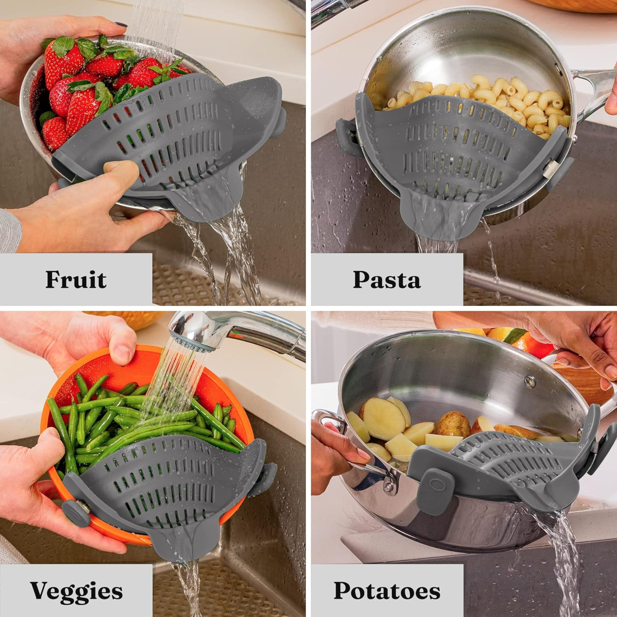 Kitchen Gizmo Snap N' Strain - Silicone Pasta Strainer Clip-On for Pots and Pans - Heat Resistant Colander for Vegetables and Noodles - Kitchen Gadgets for Cooking - Space-Saving Design - Gray