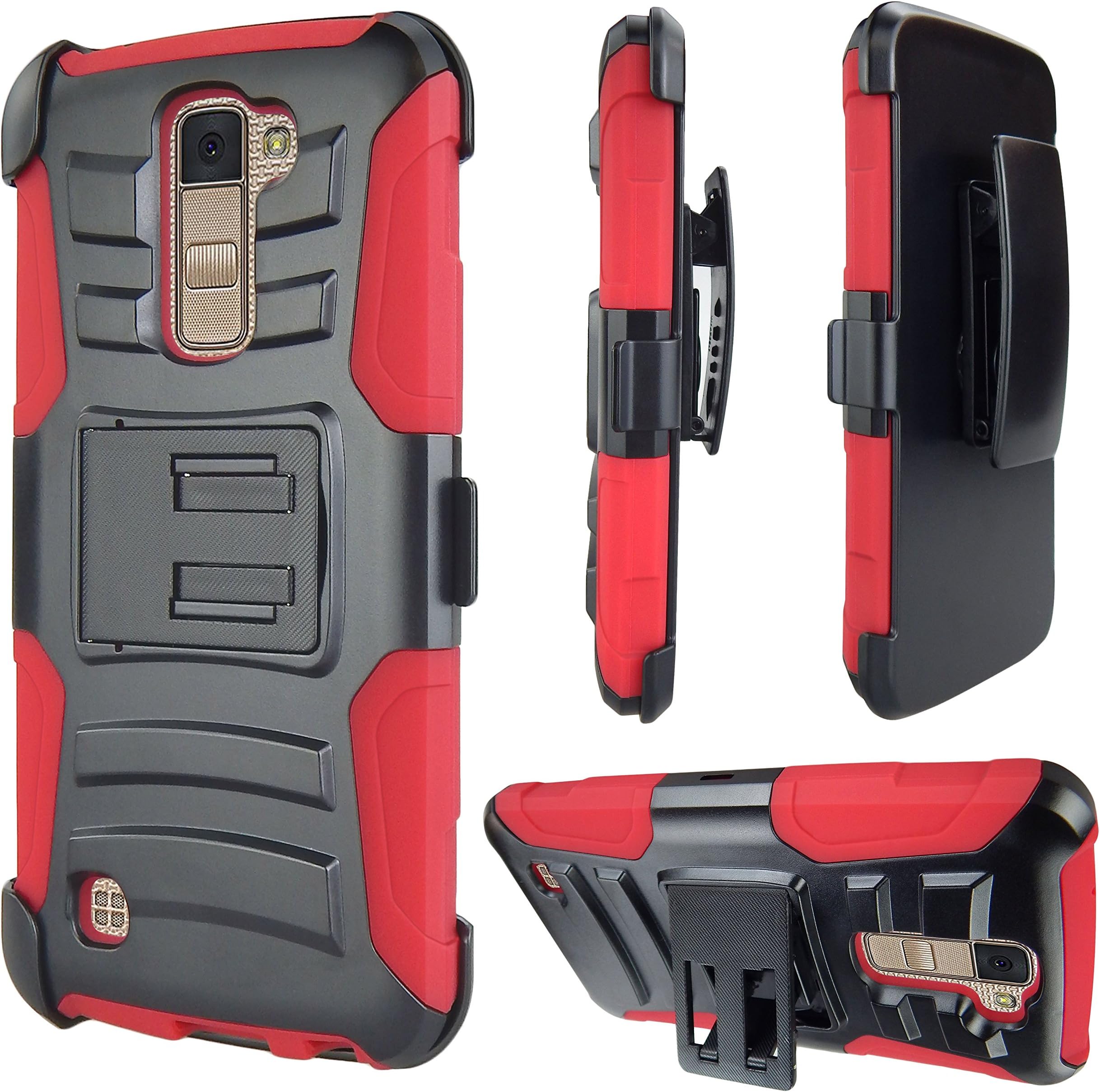LG K10 Case, E-Time (TM) Heavy Duty Dual Layer Holster Case Kick Stand with Locking Belt Swivel Clip (RED)