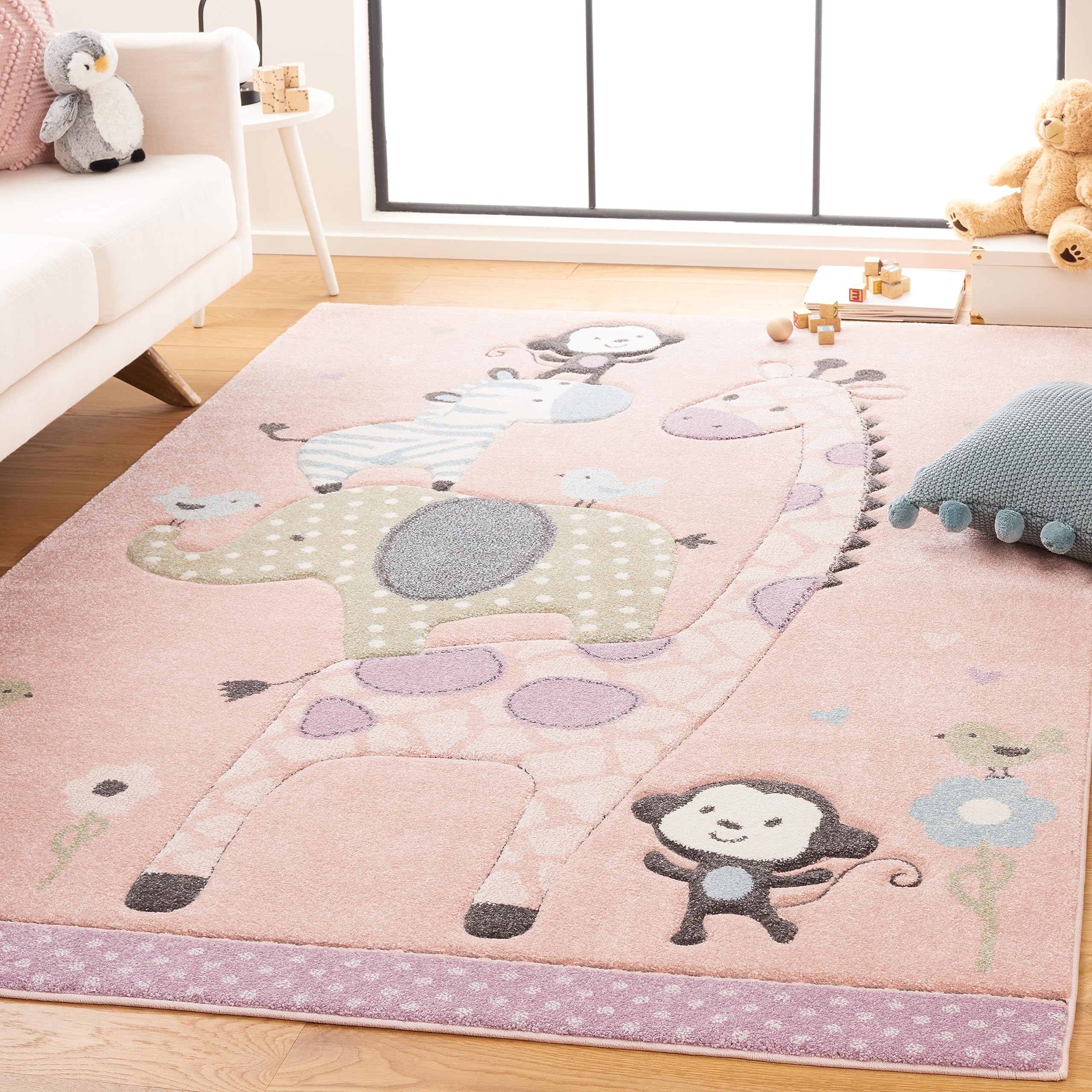 SAFAVIEH Carousel Kids Collection Area Rug - 5'3" x 7'6", Blush Pink, Animal Design, Ideal for High Traffic Area for Boys & Girls in Playroom, Nursery, Bedroom (CRK120U-5) Image