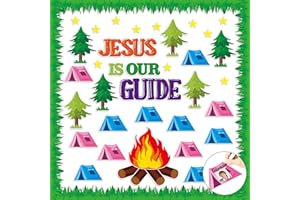 CY2SIDE 74PCS Jesus is Our Guide Cutouts Bulletin Board Border Sets Back to School Camping Themed Tent Name Tags Trim Borders Religious Classroom Door Decorations Sunday School Chalkboard Wall Decor