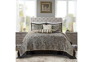 Madison Park Aubrey Reversible Quilted Bedspread Set, Solid Reverse Summer Breathable, Lightweight All Season Bedding Layer, Matching Shams, Bedspread King(120"x118"), Black 5 Piece