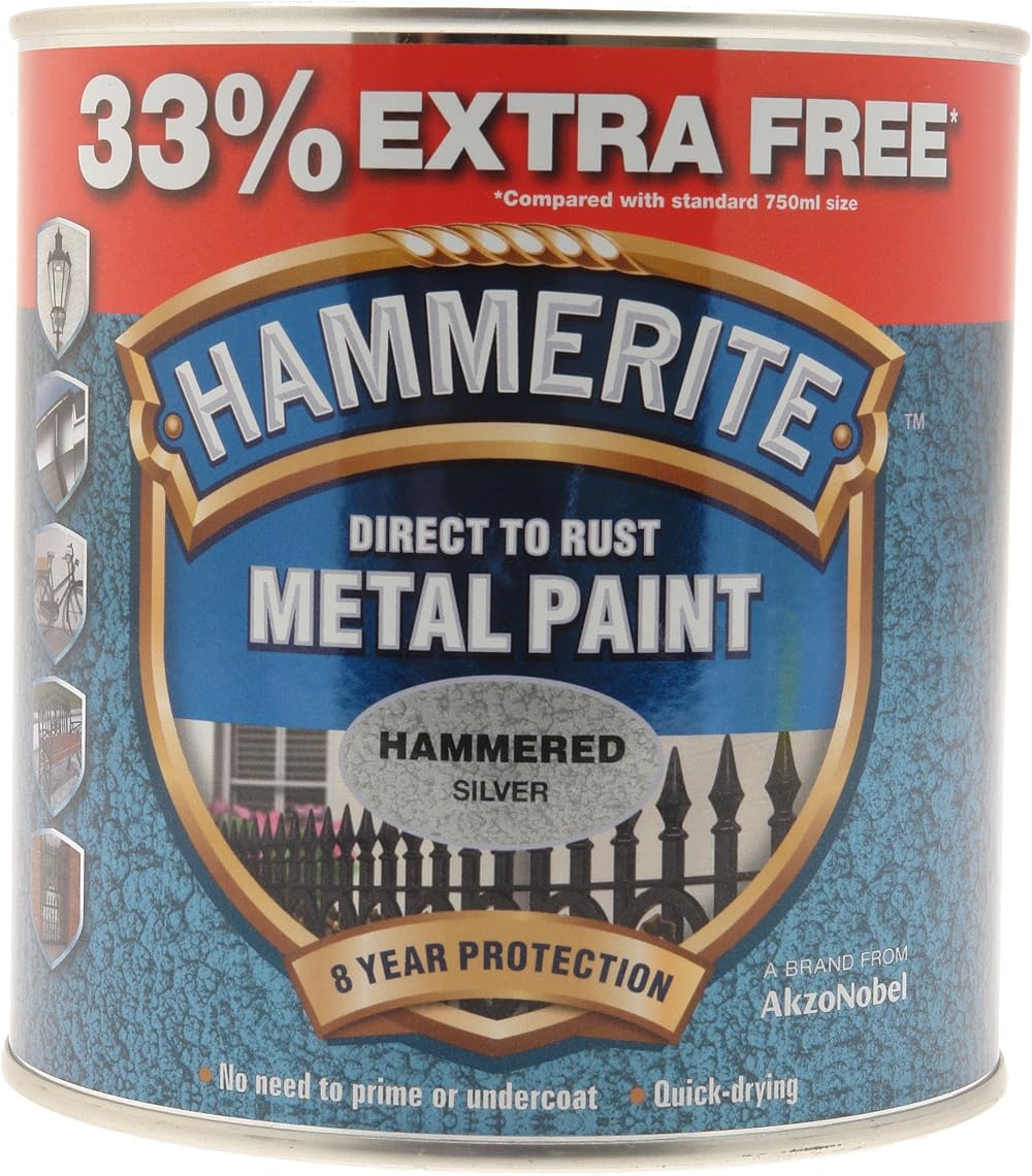 Hammerite 5158236 1L Metal Paint Hammered Silver Direct Rust Application Quick