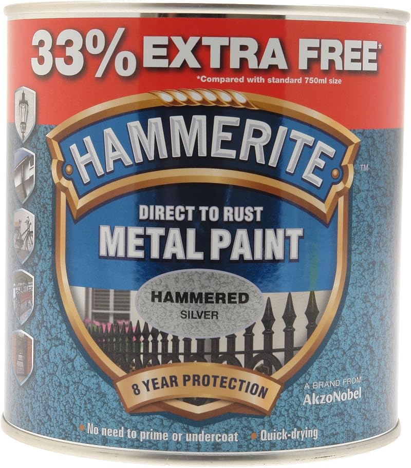 Hammerite 5158236 1L Metal Paint Hammered Silver Direct Rust Application Quick
