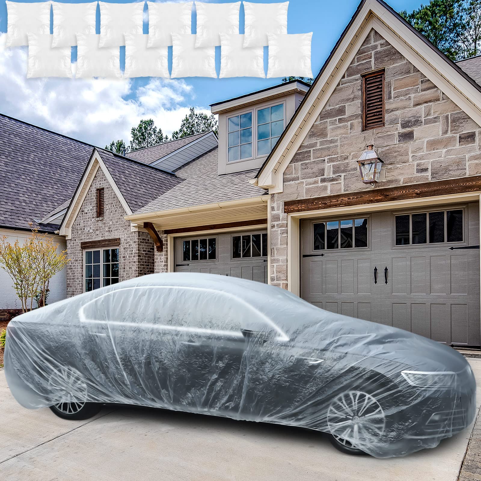 Photo 1 of 12 Pack Universal Plastic Car Cover Disposable Clear Car Cover with Elastic Band Waterproof Dustproof Car Protective Cover 12.5 x 21.3 ft Full Exterior Transparent Car Protector for Sedan