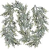 Winlyn 6' Artificial Frosted Christmas Pine Garland with Pine Cones Glitter Winter Greenery Garland for Christmas Winter Wedding Holiday Table Runner Centerpiece Doorway Season Mantel Decor