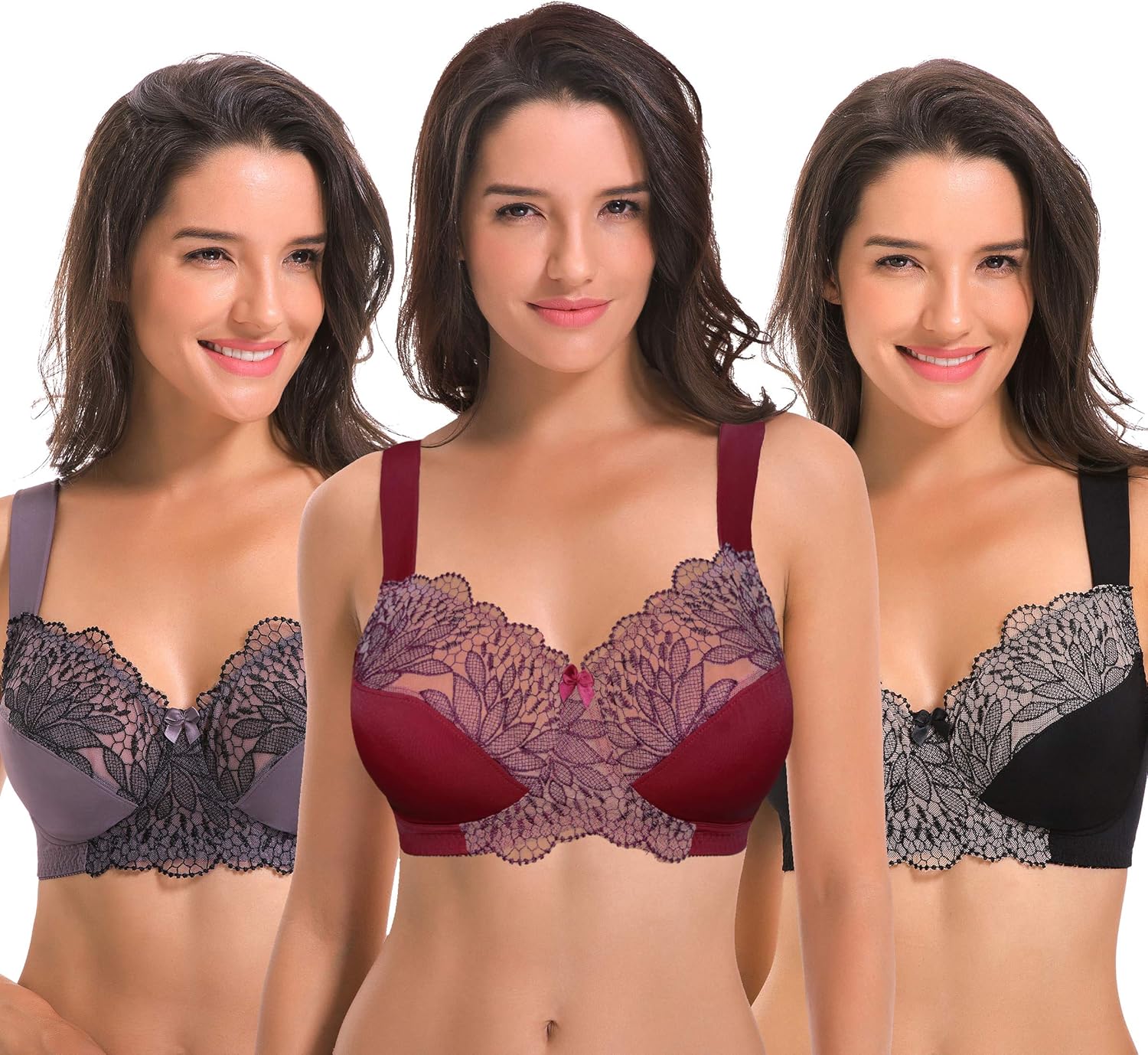 Curve Muse Plus Size Unlined Minimizer Wireless Bras with Embroidery Lace-3Pack at  Women’s Clothing store