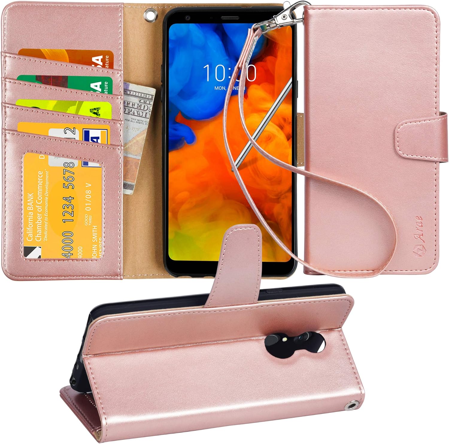 Best lg stylo 4 case kickstand flip pu wallet leather wrist strap