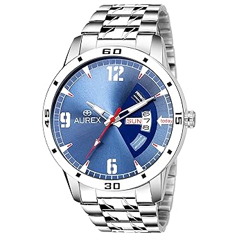 Aurex Analouge Blue Dial Day and Date Watch Water Resistant Silver Color Strap Watches for Mens/Boys (AX-GR118-BLC)