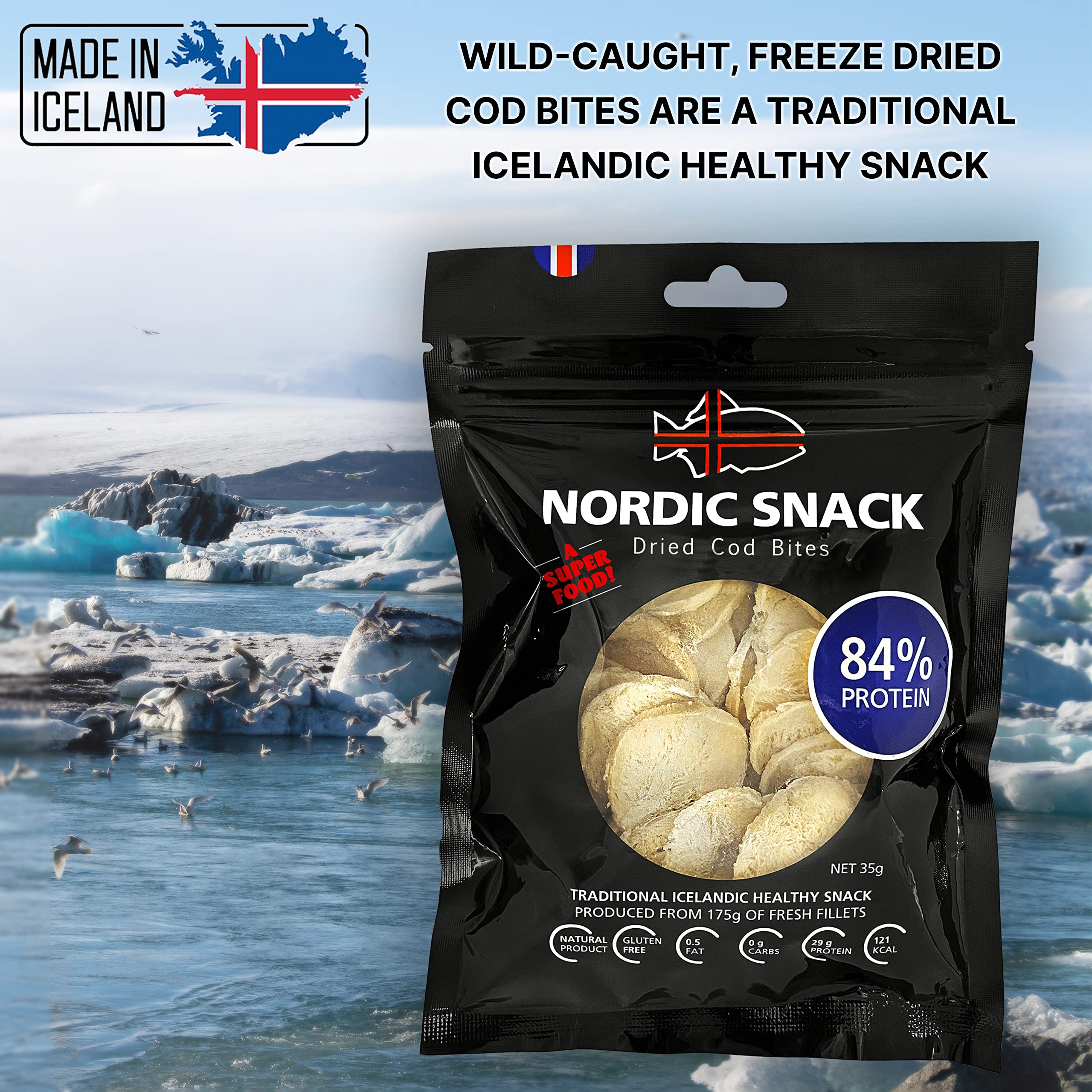 Nordic Catch Freeze Dried Cod Bites Seafood Snacks - Chips made from Wild Caught Icelandic Cod Fish - Healthy Dry Fish Snack, Rich in Omega 3 Fatty Acids, Protein Packed Keto Friendly Dried Fish Jerky - 35g Resealable Bag - 1pk