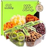 NUT CRAVINGS - Purim Mishloach Manot Dried Fruit & Mixed Nuts Gift Basket + Green Ribbon (7 Assortments, 2 LB) Food Arrangement, Healthy Snack Care Package,