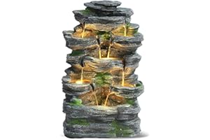 Grepatio Outdoor 7-Tiers Cascading Rock Water Fountain, Waterfall Fountain with 6 LED Lights, Outdoor Fountains and Waterfall