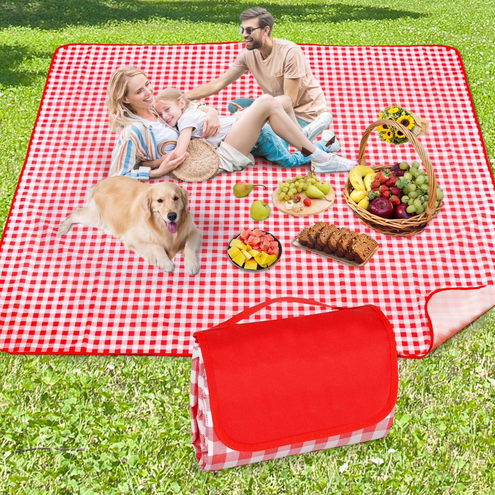 Anyiner Picnic Blanket, Waterproof Extra Large Beach Blanket Camping Blanket, Sandproof Machine Washable With Carrying Handle for Outdoor Camping Beach Family Picnic, 200x200cm, Red Plaid