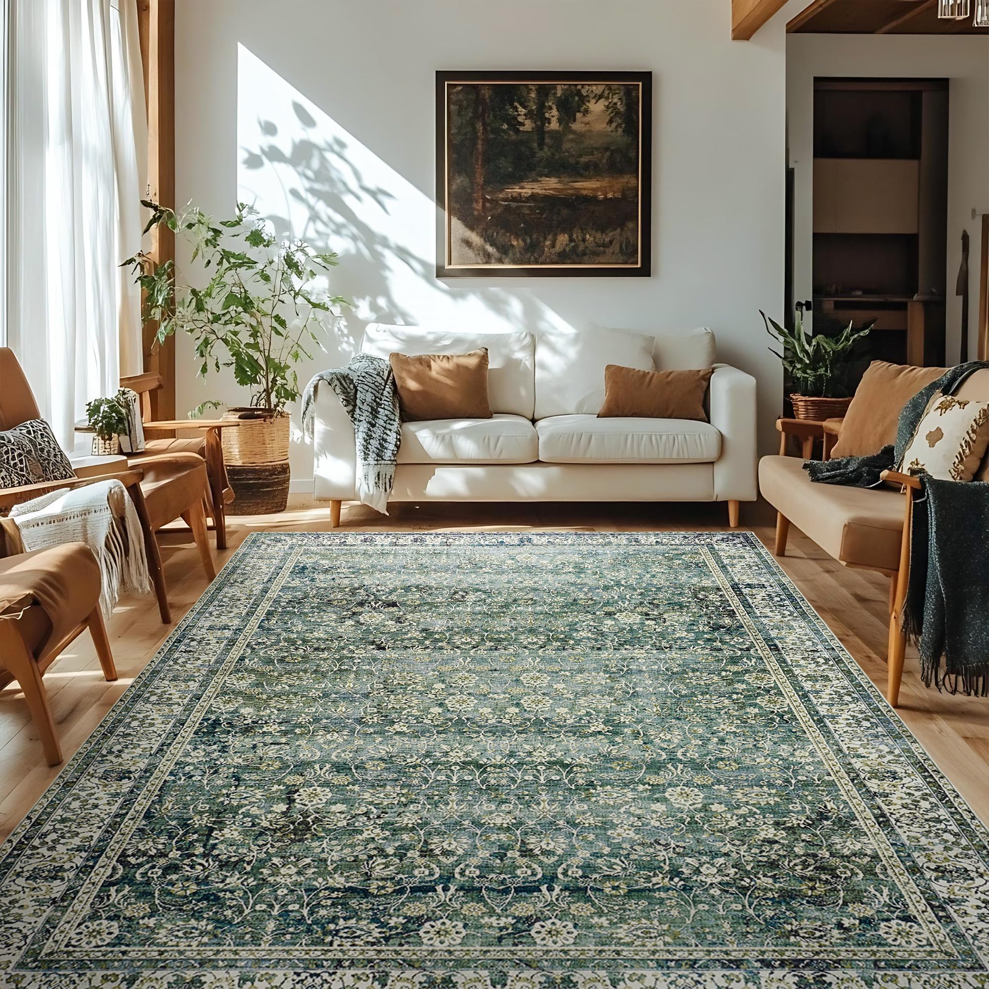 BILEEHOME Dark Green Rug for Bedroom Neutral Boho Farmhouse Floral Washable Soft Faux Wool No Slip Area Rugs for Living Room Home Office,5x8 Image BILEEHOME Dark Green Rug for Bedroom Neutral Boho Farmhouse Floral Washable Soft Faux Wool No Slip Area Rugs for Living Room Home Office,5x8 Image