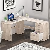 SHW 51 x 59 Inches L-Shaped Home Office Wood Corner Desk with Box Box File Drawers, 140 x 150 cm, Maple