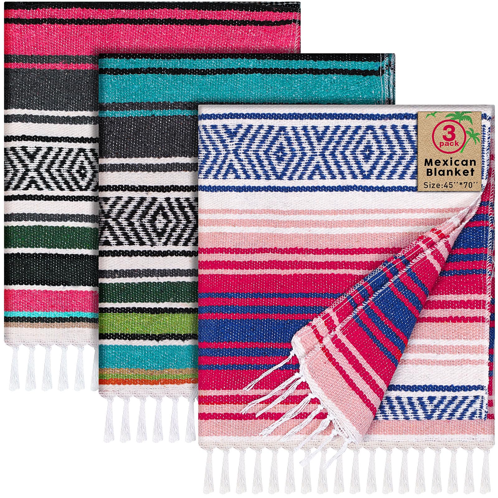 Photo 1 of Oudain 3 Pack Mexican Blankets and Throws 45 x 70 Inch, Cotton Outdoor Camping Cozy Baja Blanket Woven Serape Restorative Yoga Fiesta Fall Autumn Essential Supplies (Classic Color)