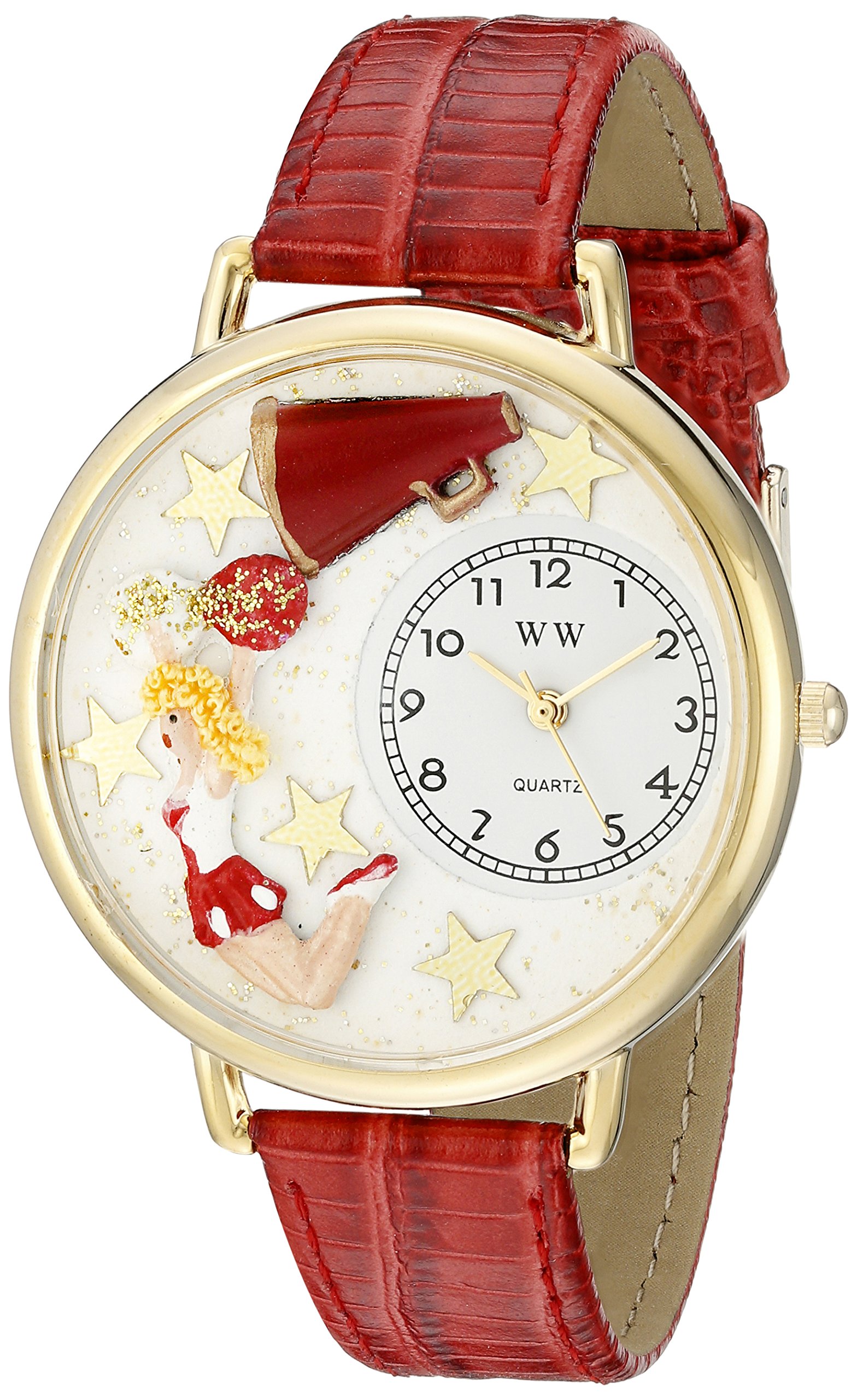 Whimsical Watches Cheerleader Hunter Green Leather and Goldtone Unisex Quartz Watch with White Dial Analogue Display and Multicolour Leather Strap G-0820015