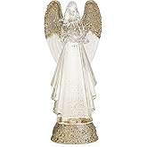 Roman 12.75-Inch Lighted Swirl Angel with Gold Wings Confetti Lites – USB-Powered Tabletop Christmas Decoration – Sparkling Holiday Accent with LED Lights