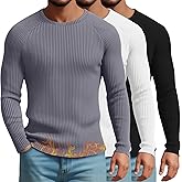 August Alley 3 Pack Men's Ribbed Thermal Long Sleeve Shirts 90% Cotton Crew Neck Pullover Tops Slim Fit Winter Undershirts