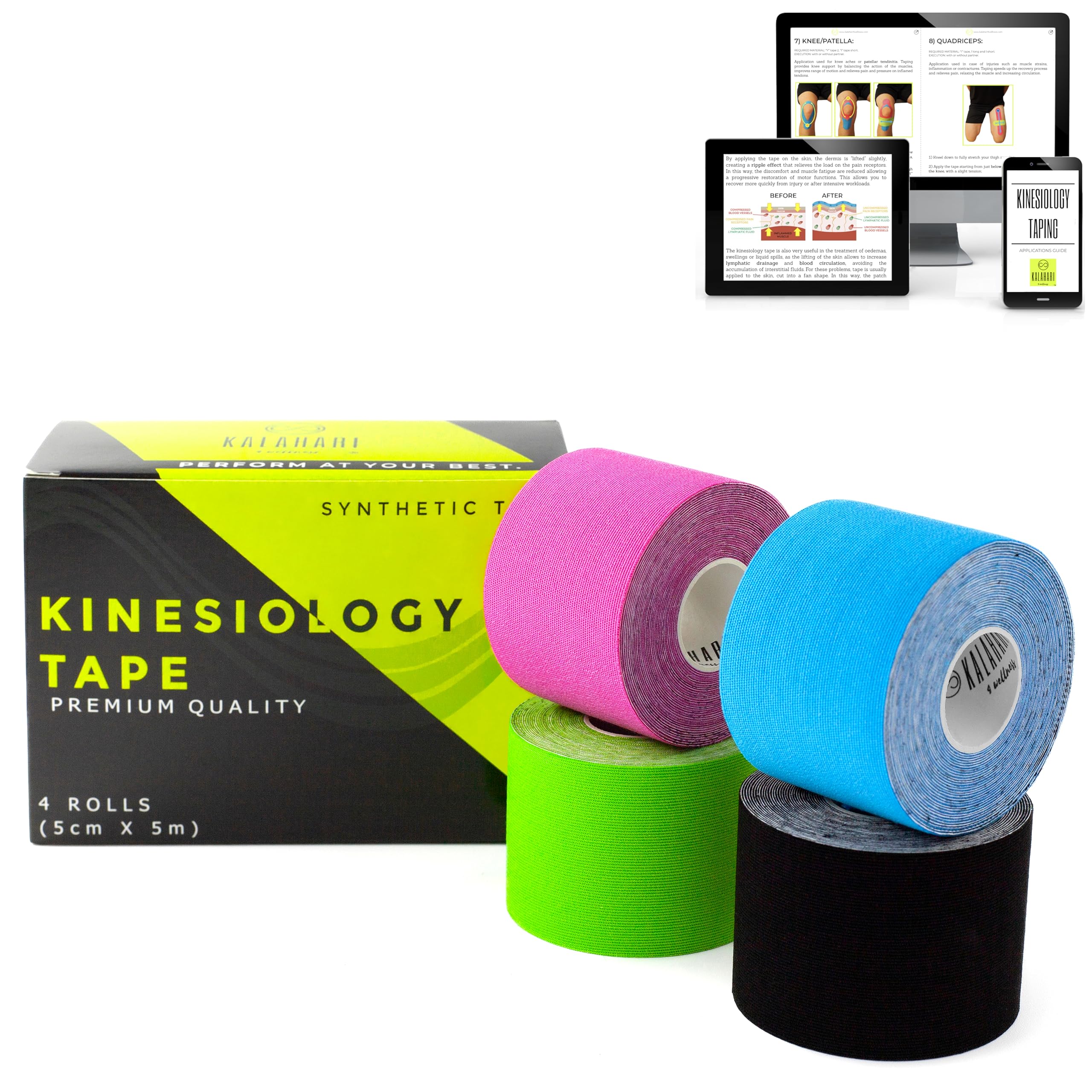 KALAHARI 4 rolls Kinesiology Tape + eBook Applications, Physio Kt Tape with high Adhesion and Water & Sweat resistant, Kinesio taping for Sports injury, Support, muscle Rehabilitation, 5 m x 5 cm