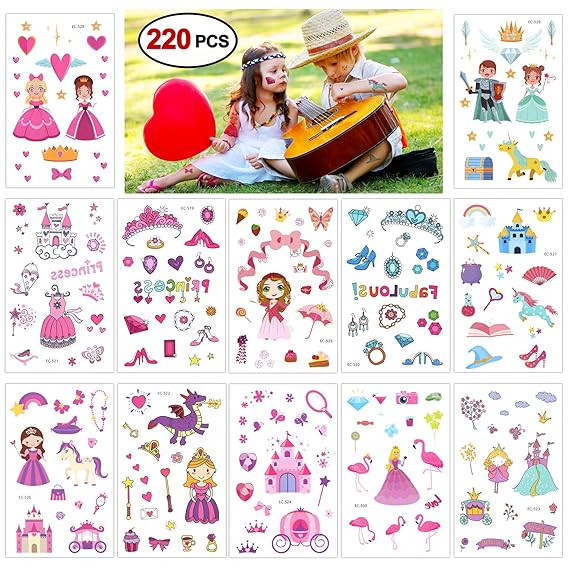 Konsait Prinzessin Tattoos - 220 Einhorn Schloss Königin temporäre Tattoos Sticker Aufkleber für Mädchen Kinder Give Aways Ki