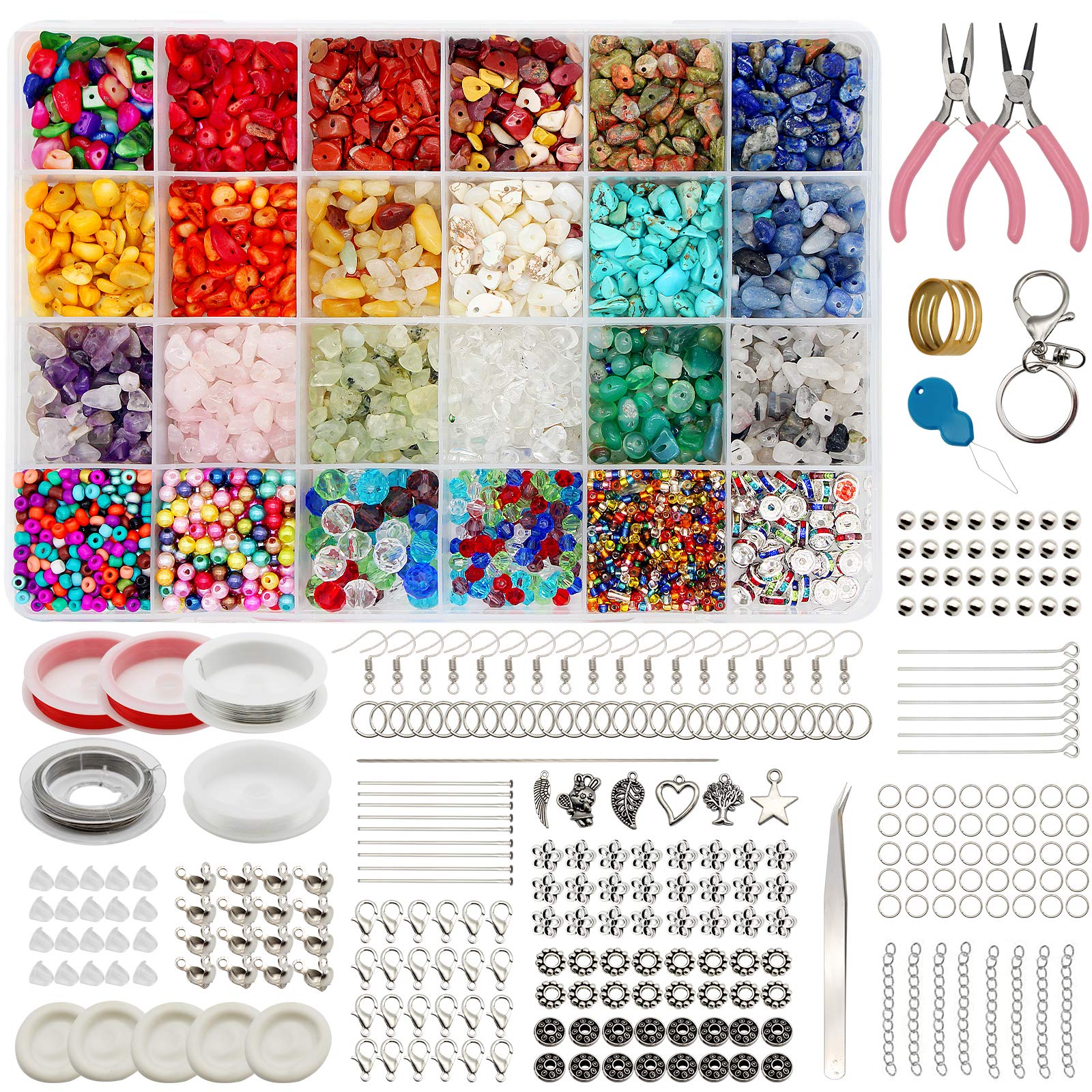 Gocelyn Crystal Irregular Chip Beads with Spacer Stone Kits, Jewelry Making Gemstones Pliers Tweezers Ear Hook Wire Pendants Jump Ring Elastic String for DIY Earring Necklace Bracelet Making