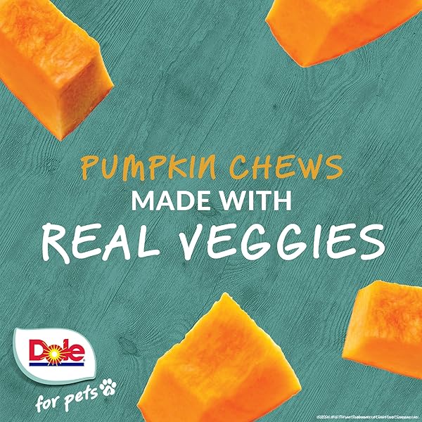 DOLE FOR PETS FRESHLY FETCHED LASTING CHEW PUMPKIN FLAVOR DOG TREATS, MEDIUM AND LARGE BREEDS, NO WHEAT, CORN, SOY, ARTIFICIAL FLAVORS, COLORS, OR ANIMAL PRODUCTS, 8 OUNCES, 5 CHEWS