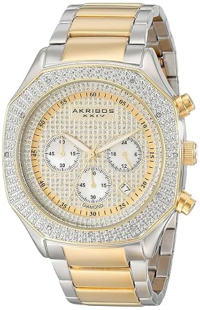 Akribos XXIV Mens AK778TTG Chronograph Quartz Movement Watch with Yellow Gold Dial and Two Tone Stainless Steel Bracelet