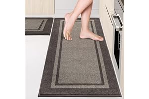 ANLLUGS Kichen Rugs Set (24" x 36"+24" x 60"), Non-Slip Machine Washable Kitchen Runner Rugs Floor Mats, Absorbent Comfort Standing Mats for Kitchen, Sink and Hallway, Rolled Packaging, Grayish Brown & Coffee