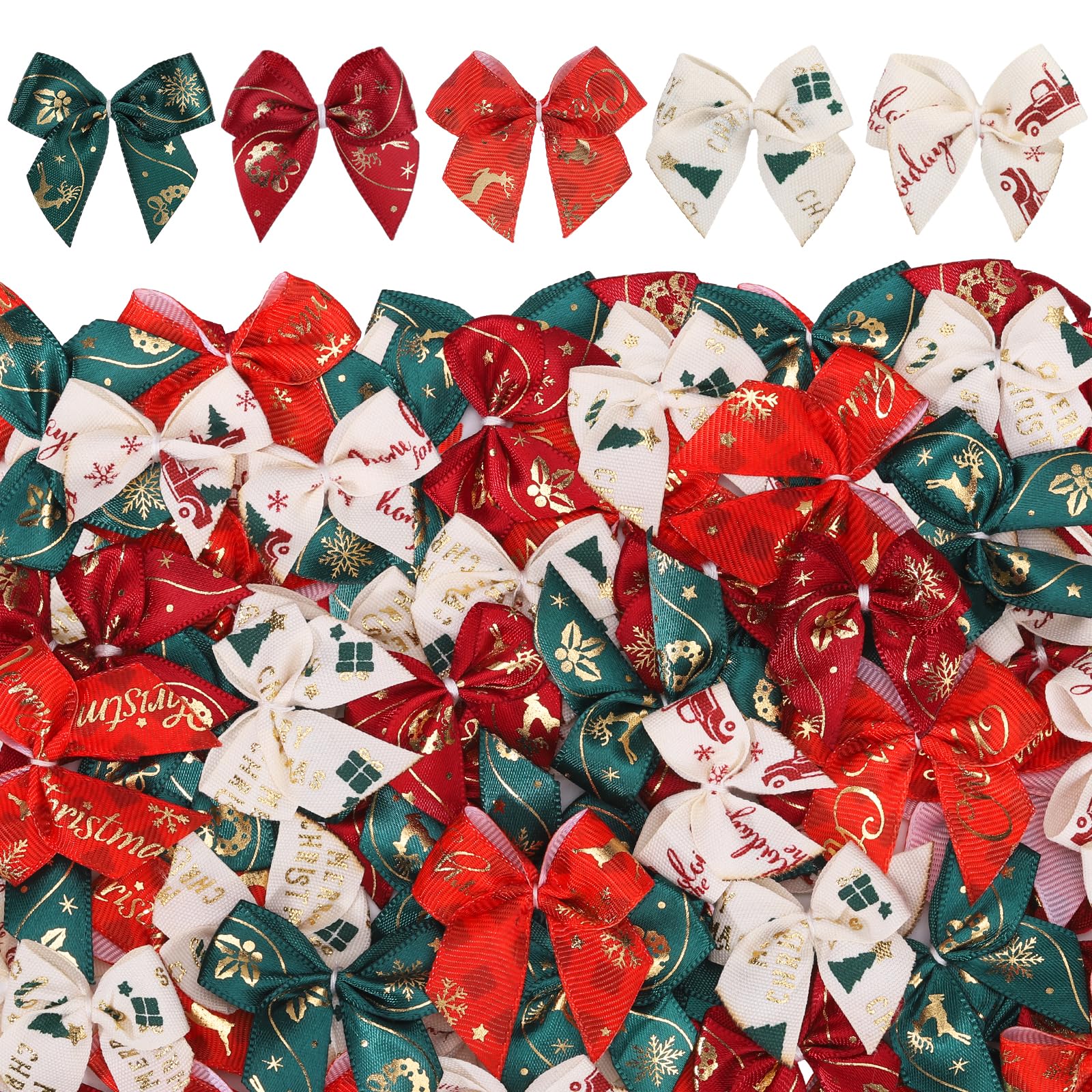 Photo 1 of 100PCS Mini Christmas Bows 1.4" Christmas Ribbon Bows for Crafts 5 Style Red Green Tiny Twist Tie Bow for Gift Wrapping Garland DIY Sewing Scrapbooking Stocking Stuffers
