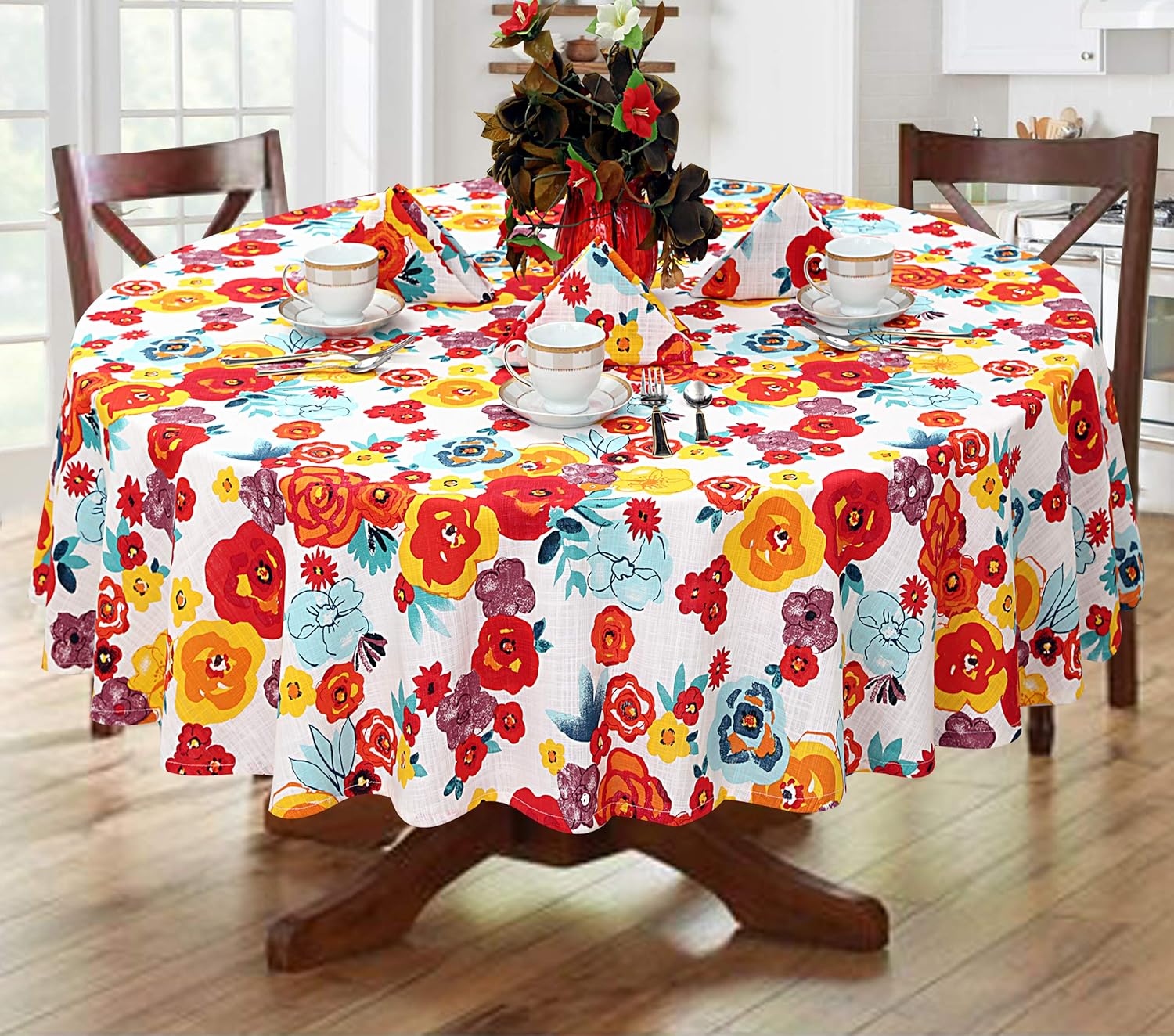 Ruvanti Table Cloth 70" Round 4-6 Seats, Premium Quality 100% Cotton Round Tablecloth, Washable,Reusable Table Cloths,Multi Color Flower Design for Buffet Table,Parties,Holiday Dinner,Wedding & More.: Kitchen & Dining