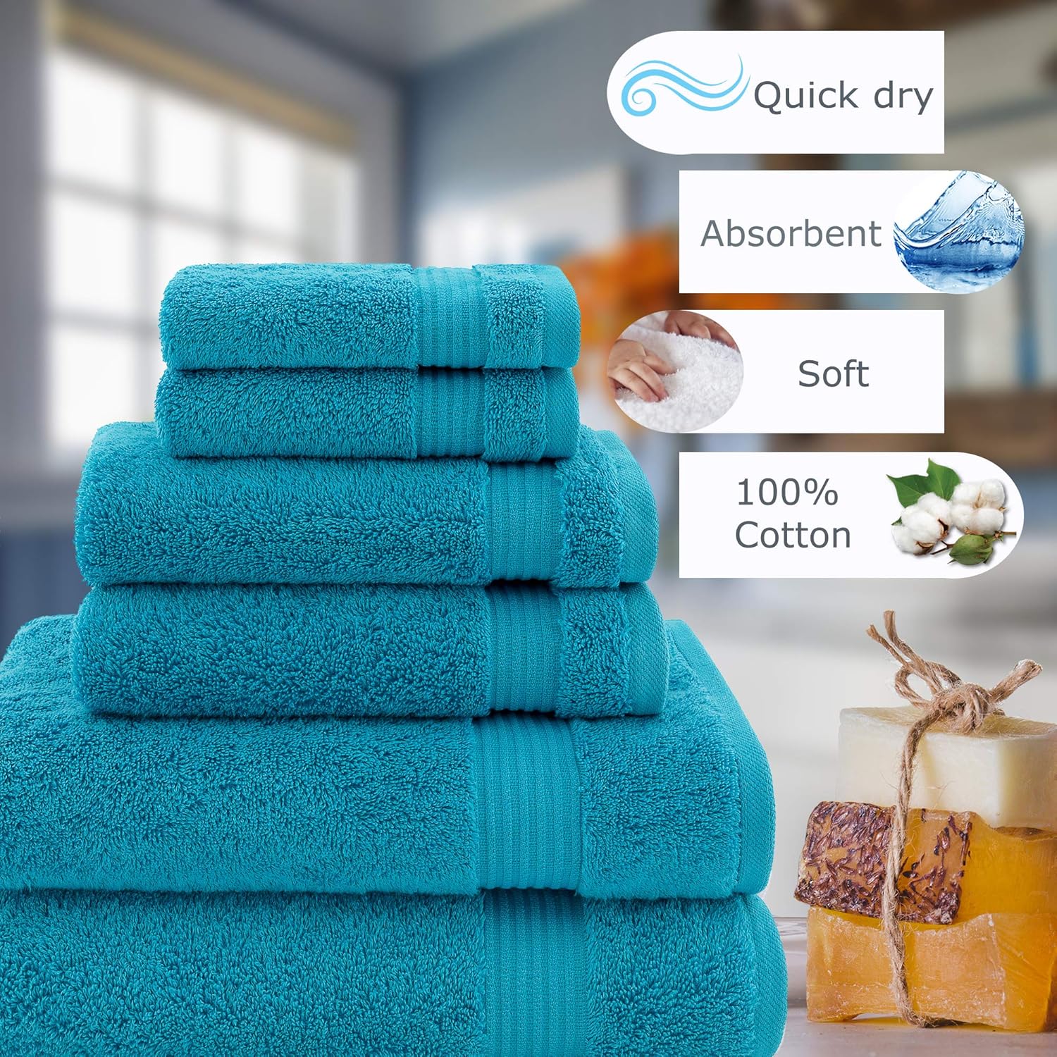 Hotel & Spa Quality, Absorbent & Soft Decorative Kitchen & Bathroom Sets, 100% Turkish Genuine Cotton 6 Piece Towel Set, Includes 2 Bath Towels, 2 Hand Towels, 2 Washcloths - Ocean Aqua: Home & Kitchen