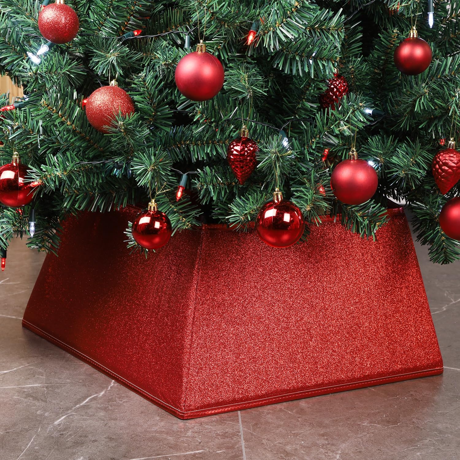 Photo 1 of Blissun Fabric Christmas Collar, Square Tree Ring, Glittering Willow Skirt for Christmas Decorations (Glitter Red)